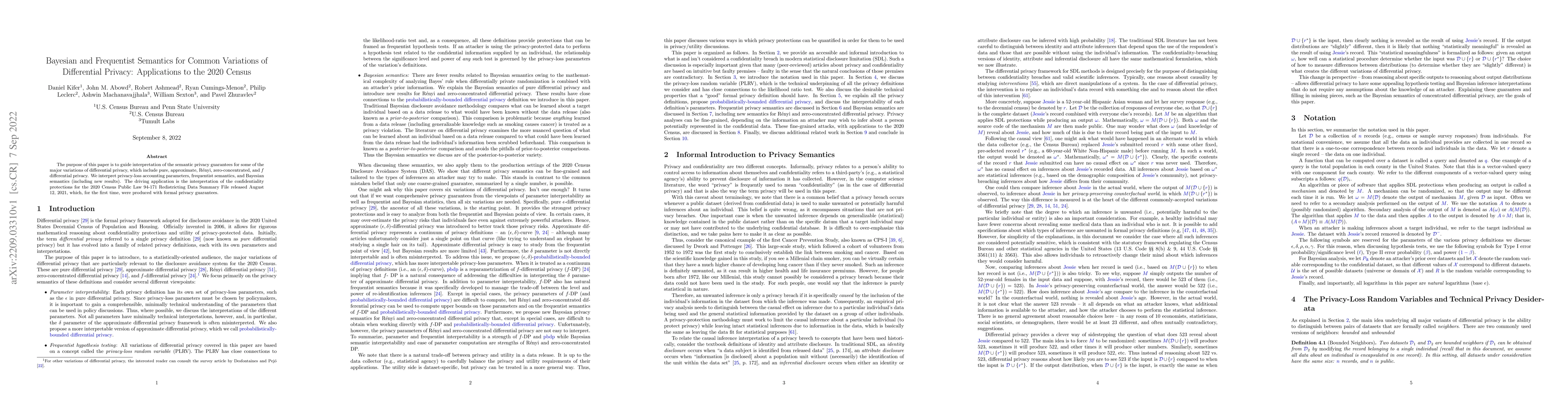 Thumbnail for Bayesian and Frequentist Semantics for Common Variations of Differential
  Privacy: Applications to the 2020 Census