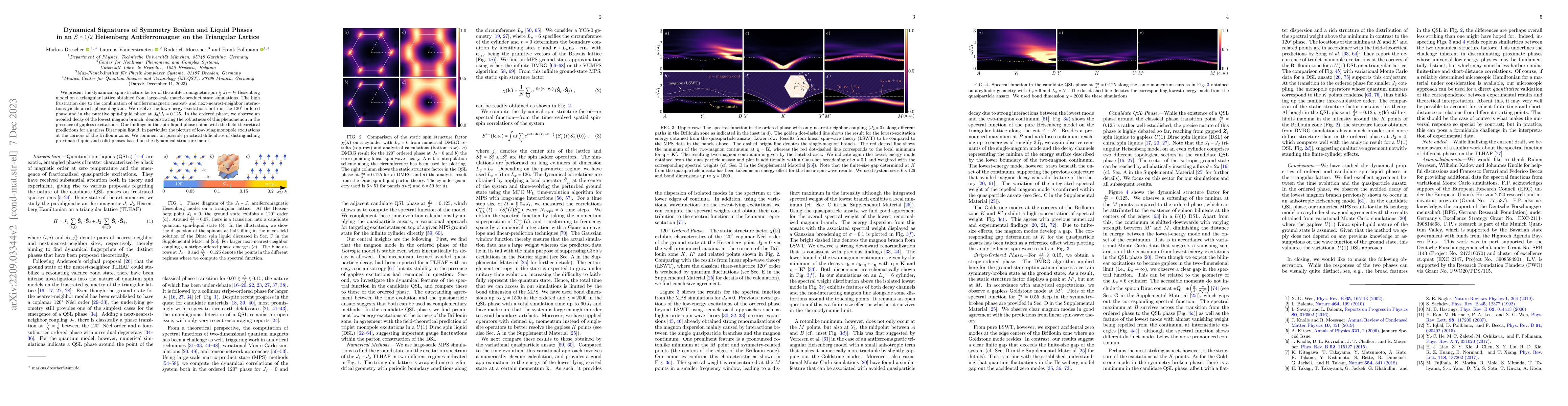 Thumbnail for Dynamical Signatures of Symmetry Broken and Liquid Phases in an $S=1/2$
  Heisenberg Antiferromagnet on the Triangular Lattice
