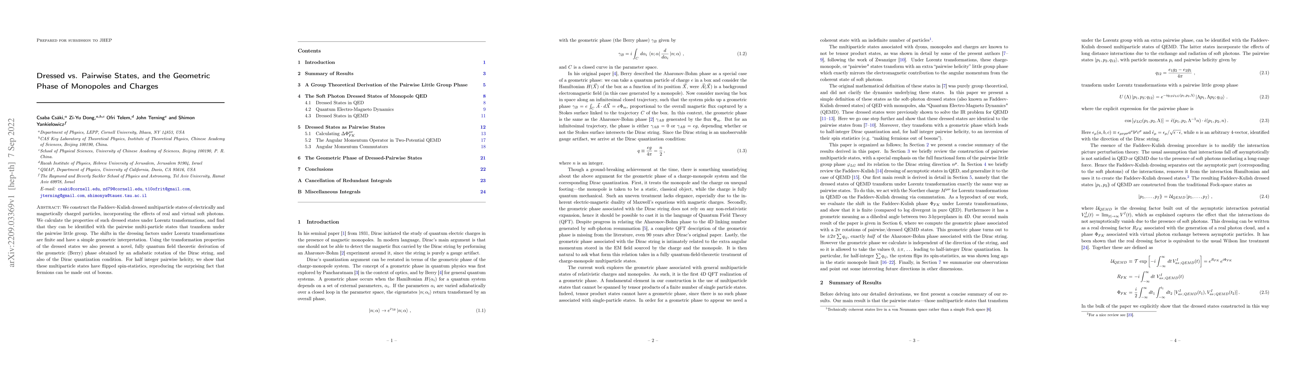 Thumbnail for Dressed vs. Pairwise States, and the Geometric Phase of Monopoles and
  Charges