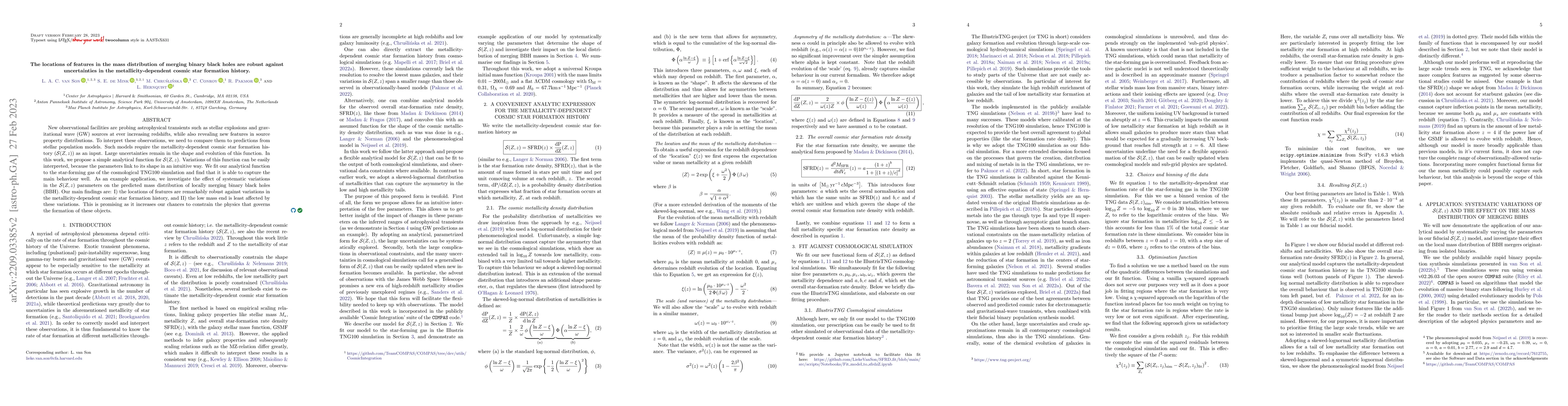 Thumbnail for The locations of features in the mass distribution of merging binary
  black holes are robust against uncertainties in the metallicity-dependent
  cosmic star formation history