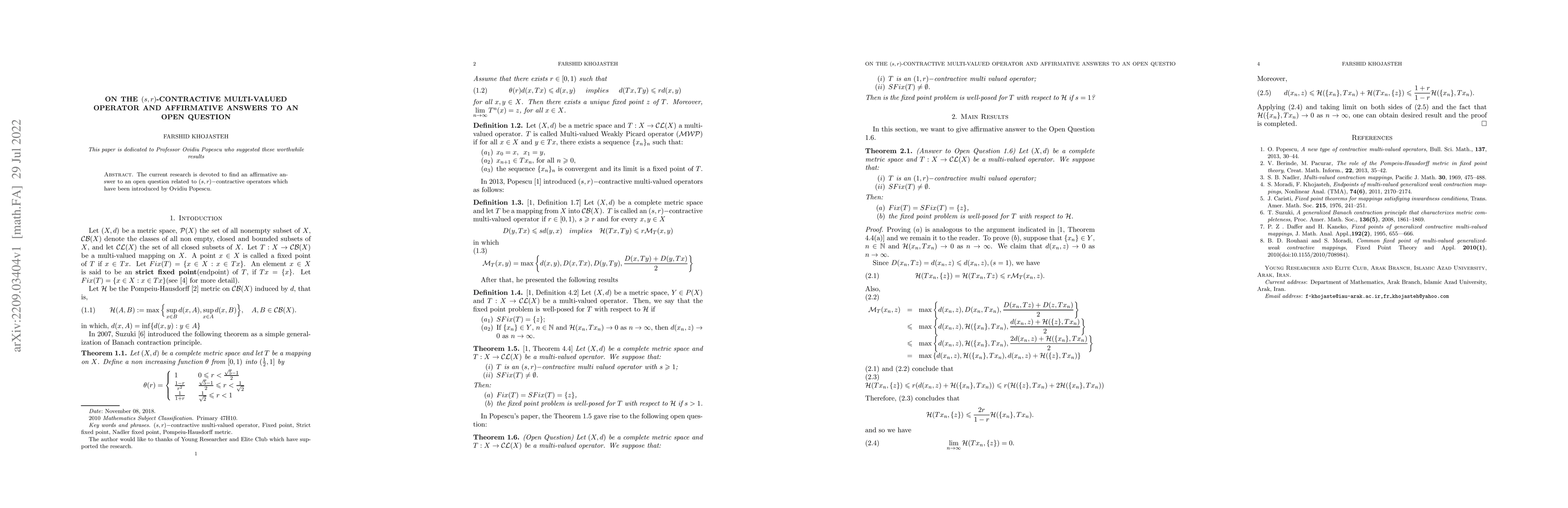 Thumbnail for On the $(s,r)$-contractive multi-valued operator and affirmative answer
  to an open question