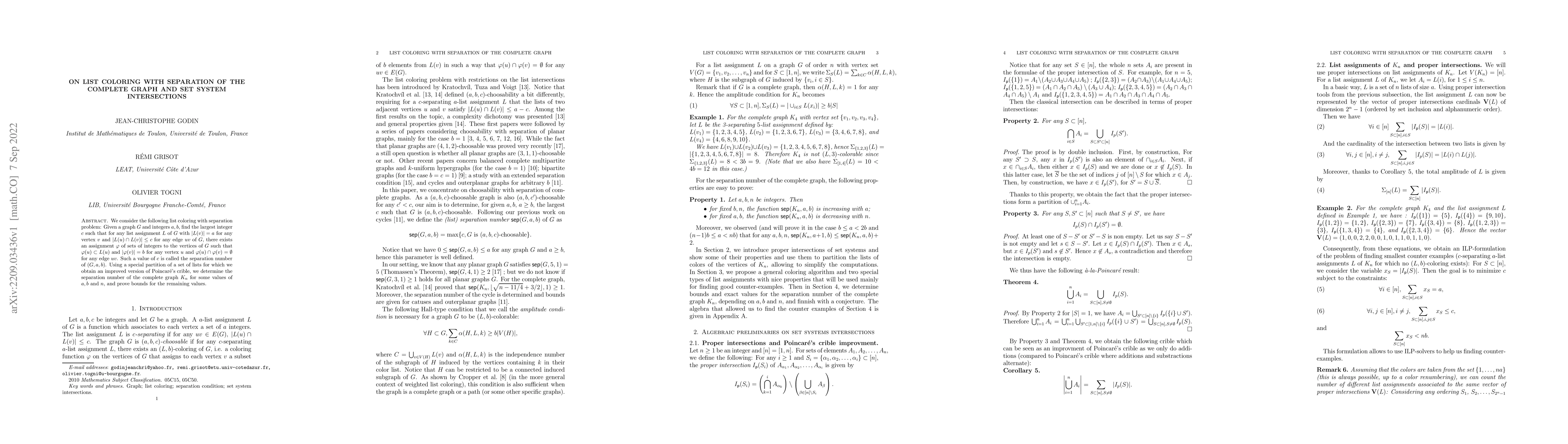 Thumbnail for On List Coloring with Separation of the Complete Graph and Set System
  Intersections