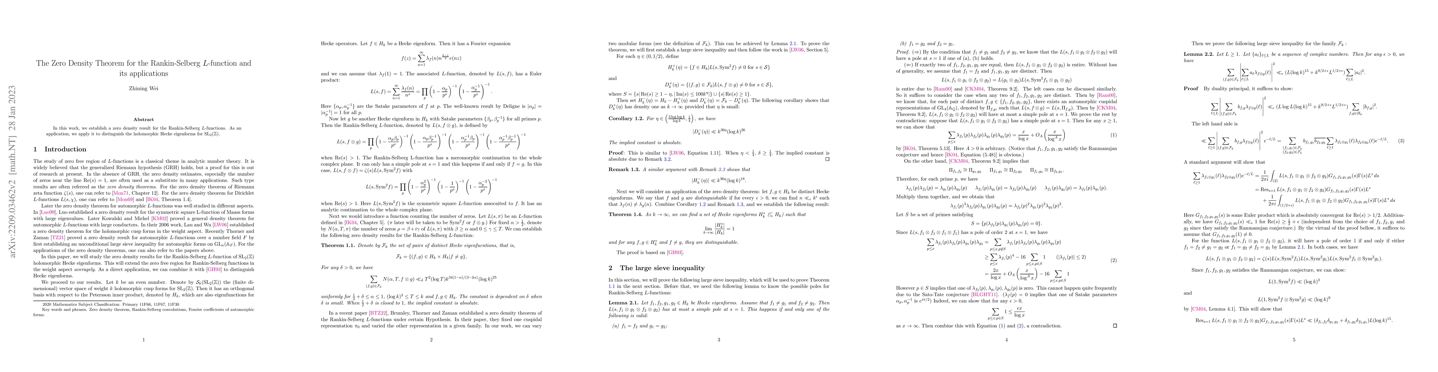 Thumbnail for The Zero Density Theorem for the Rankin-Selberg L-function and its
  applications