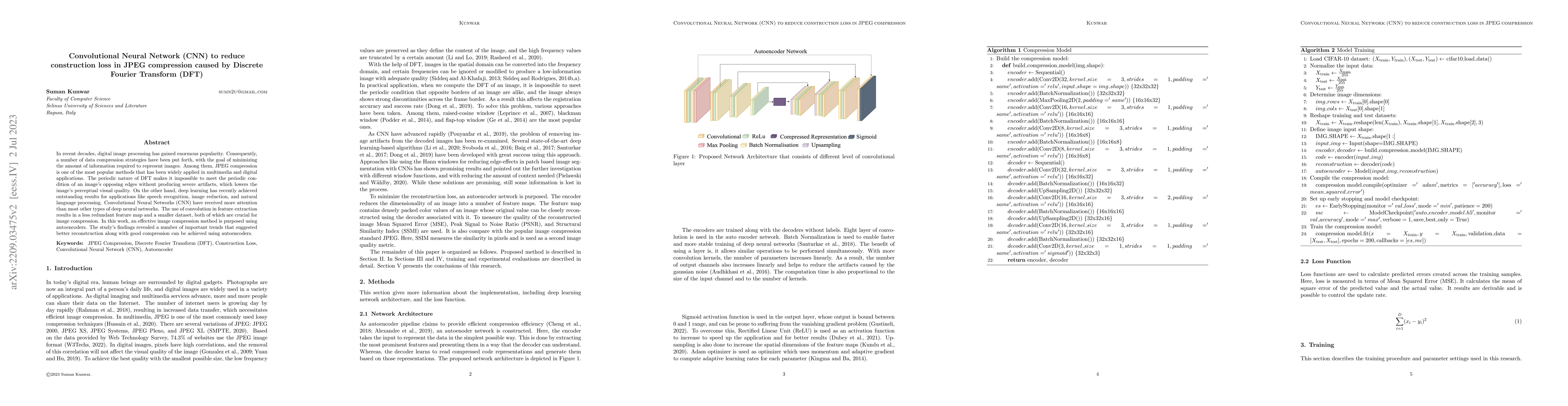 Thumbnail for Convolutional Neural Network (CNN) to reduce construction loss in JPEG
  compression caused by Discrete Fourier Transform (DFT)