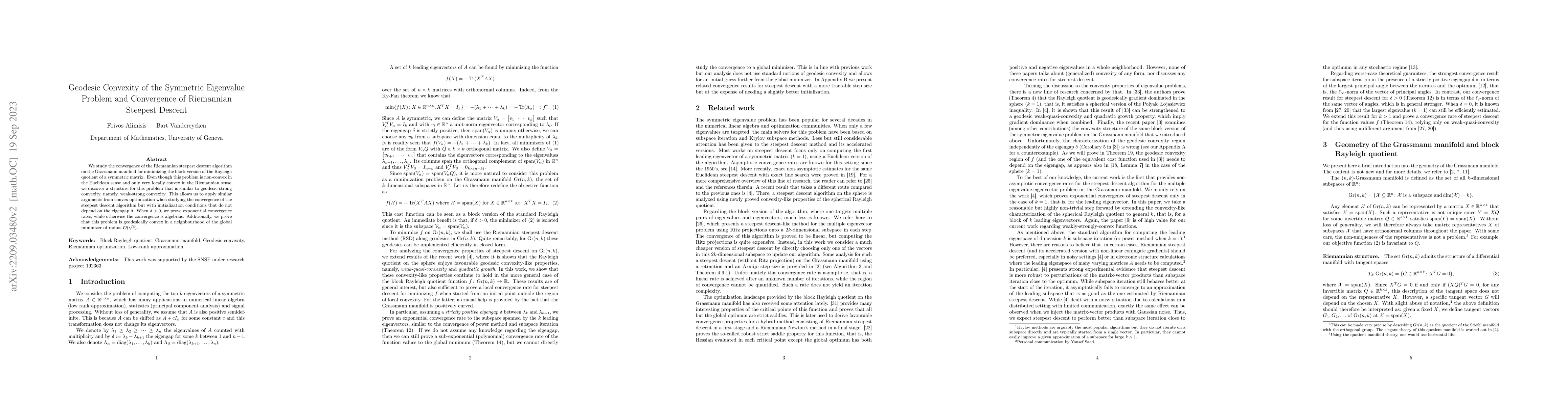 Thumbnail for Geodesic Convexity of the Symmetric Eigenvalue Problem and Convergence
  of Riemannian Steepest Descent