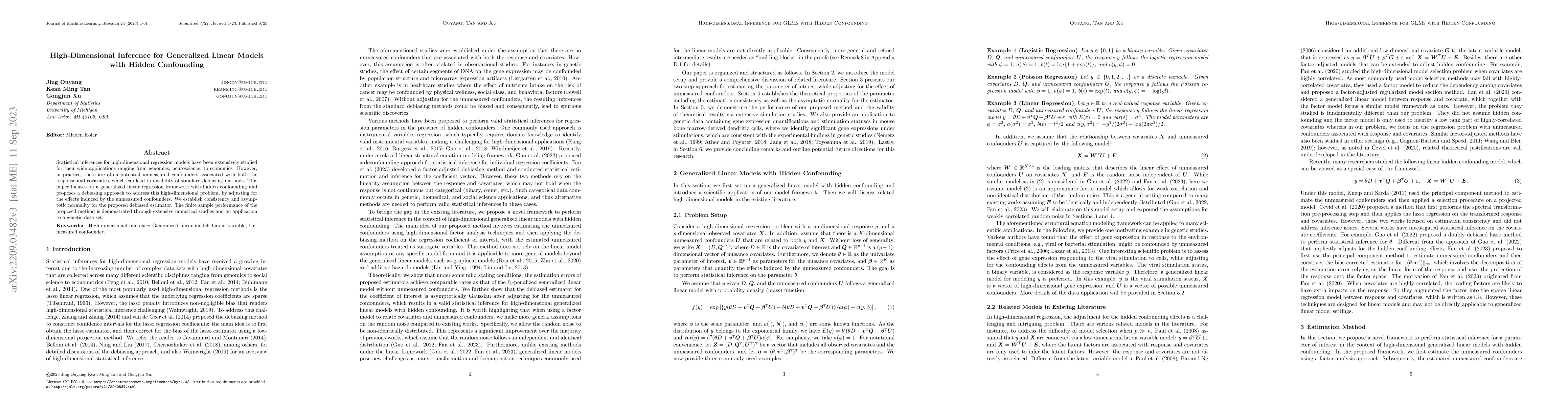 Thumbnail for High-Dimensional Inference for Generalized Linear Models with Hidden
  Confounding