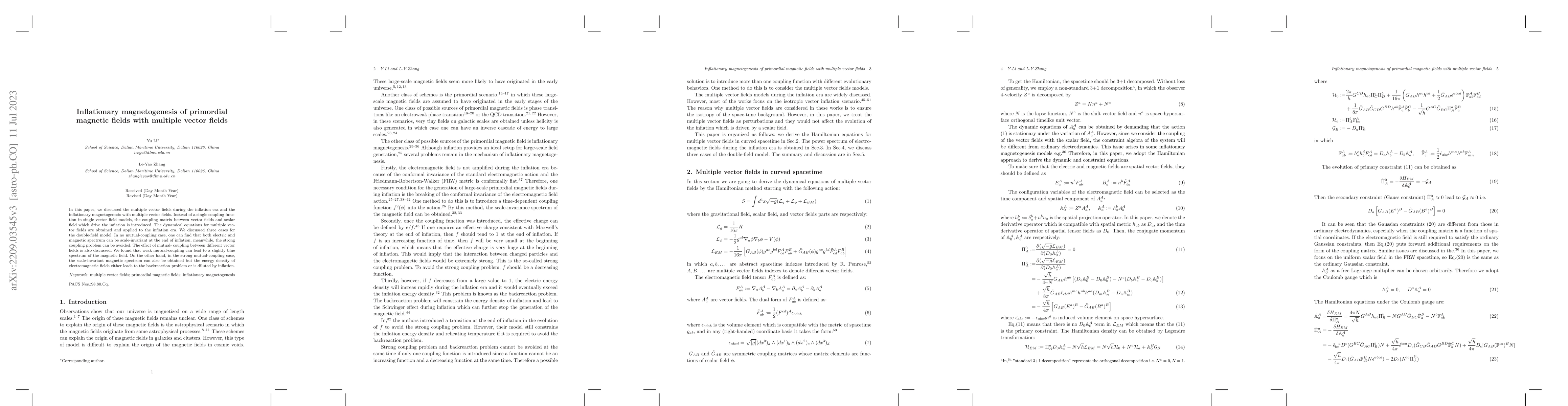 Thumbnail for Inflationary magnetogenesis of primordial magnetic fields with multiple
  vector fields