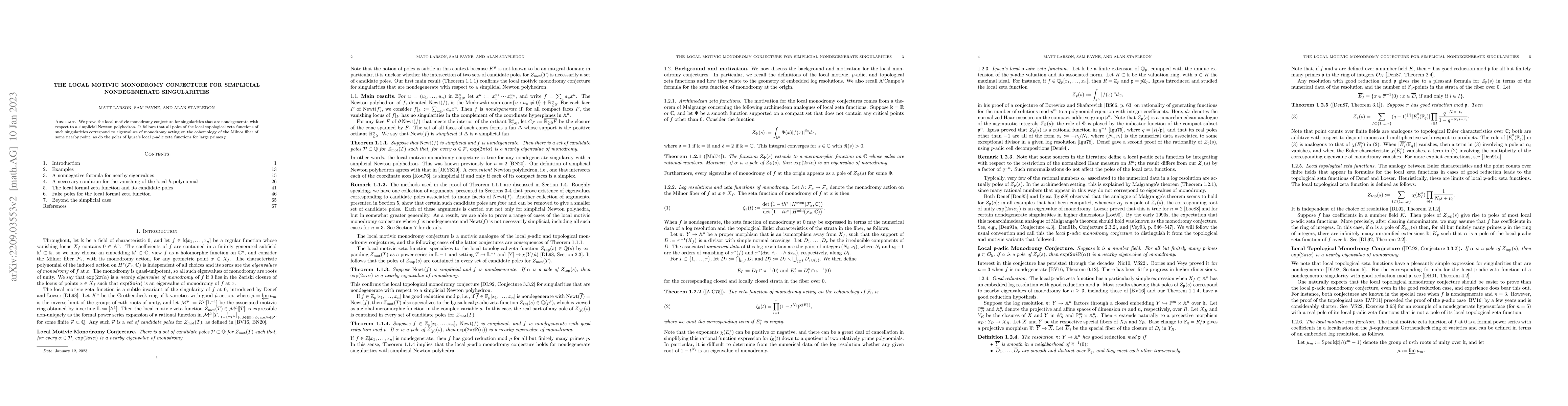 Thumbnail for The local motivic monodromy conjecture for simplicial nondegenerate
  singularities