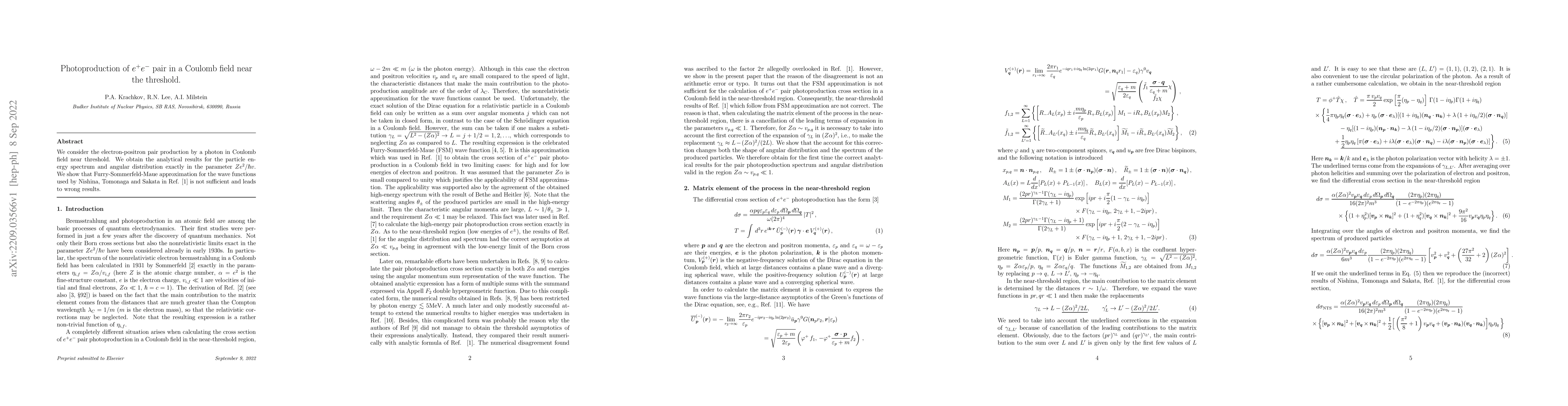 Thumbnail for Photoproduction of $e^+e^-$ pair in a Coulomb field near the threshold
