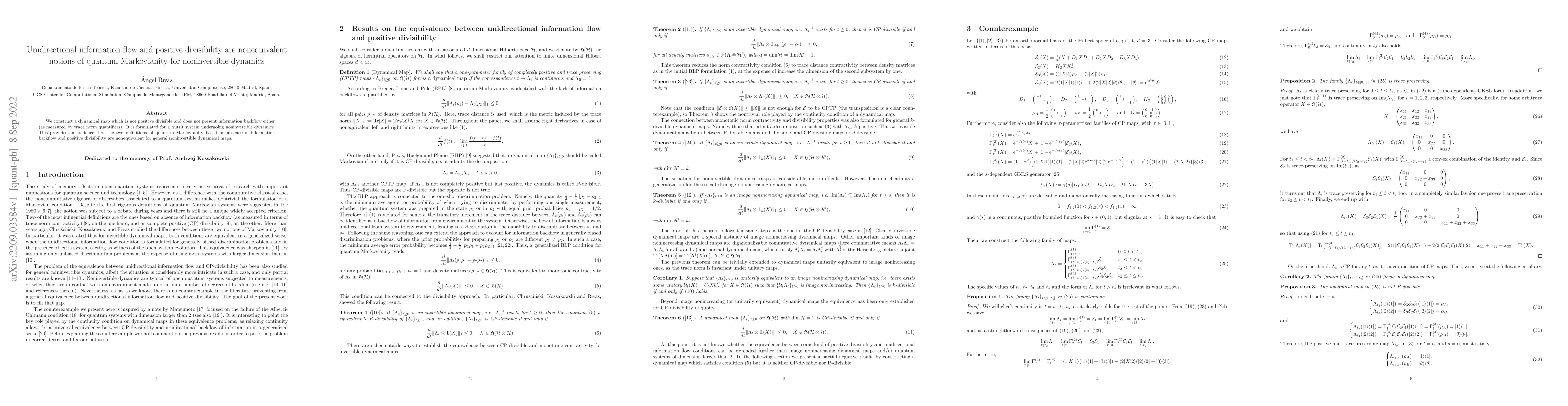 Thumbnail for Unidirectional information flow and positive divisibility are
  nonequivalent notions of quantum Markovianity for noninvertible dynamics