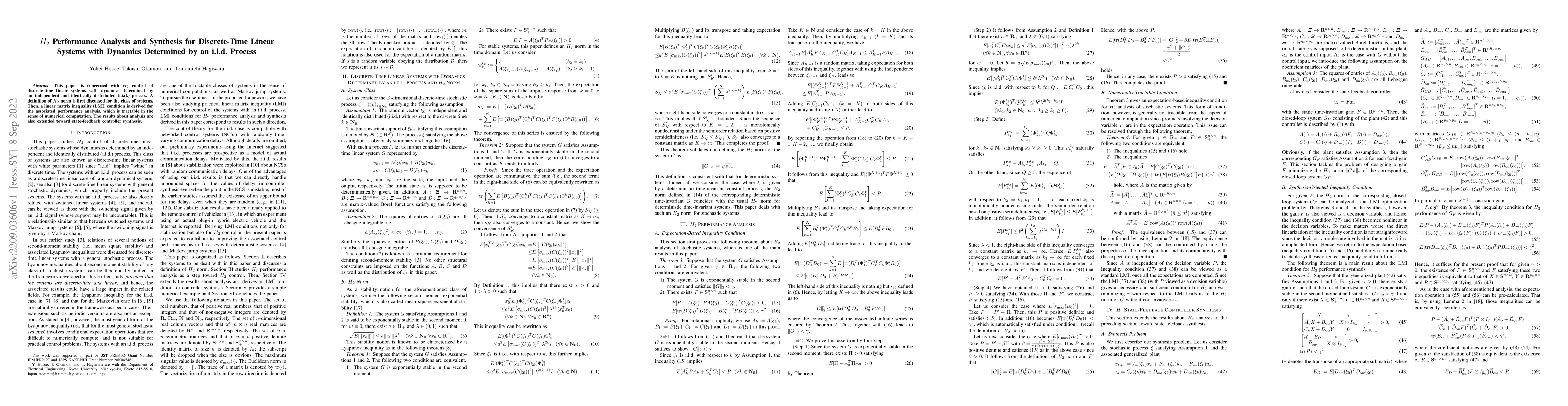 Thumbnail for H2 Performance Analysis and Synthesis for Discrete-Time Linear Systems
  with Dynamics Determined by an i.i.d. Process