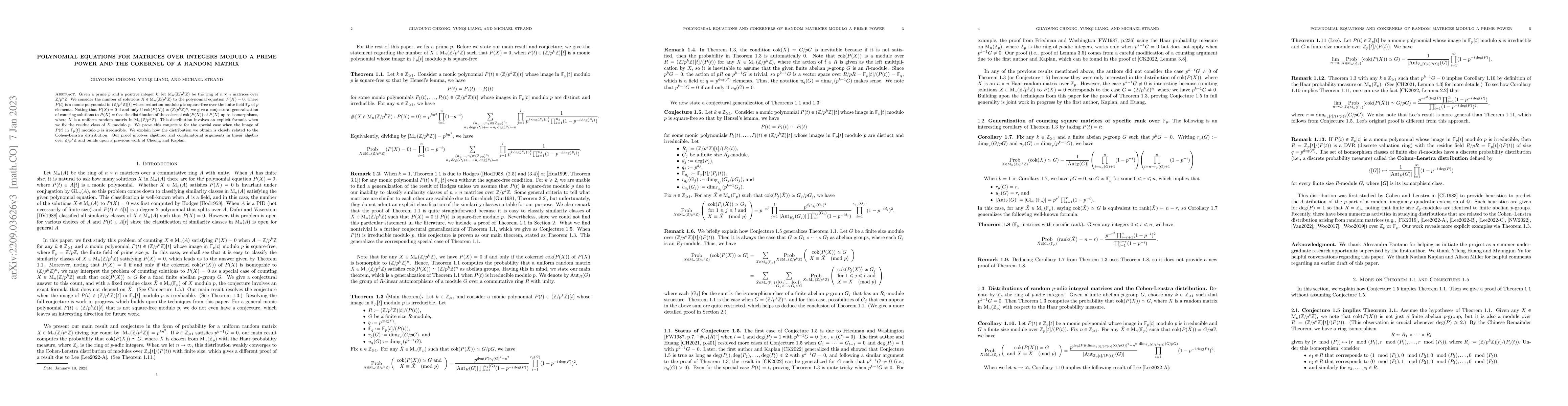 Thumbnail for Polynomial equations for matrices over integers modulo a prime power and
  the cokernel of a random matrix