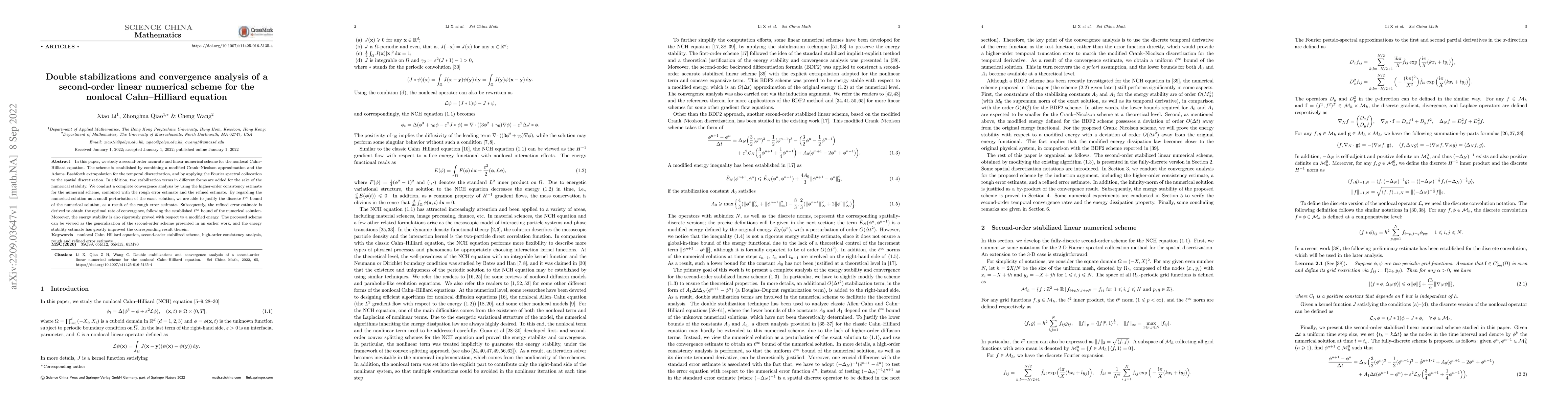 Thumbnail for Double stabilizations and convergence analysis of a second-order linear
  numerical scheme for the nonlocal Cahn-Hilliard equation
