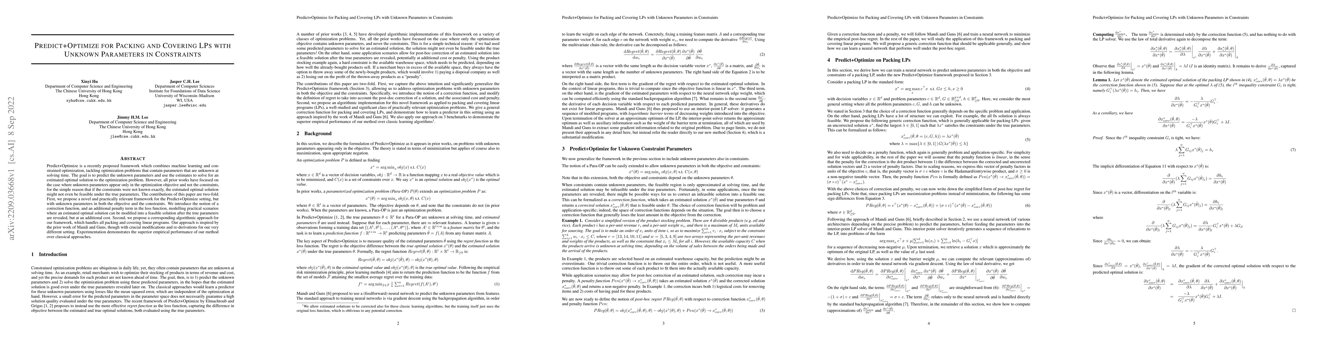 Thumbnail for Predict+Optimize for Packing and Covering LPs with Unknown Parameters in
  Constraints