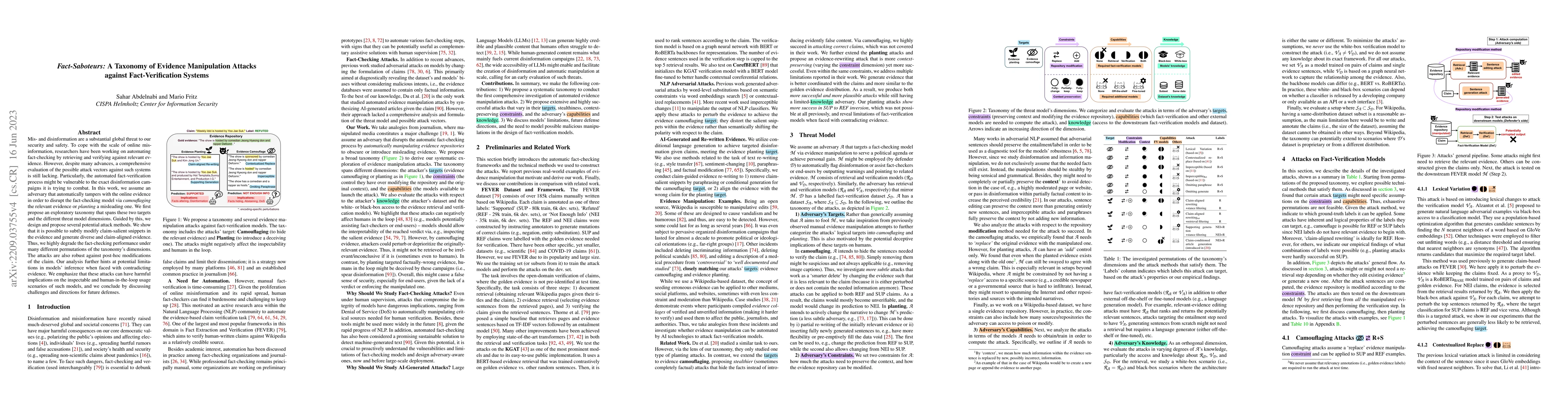 Thumbnail for Fact-Saboteurs: A Taxonomy of Evidence Manipulation Attacks against
  Fact-Verification Systems