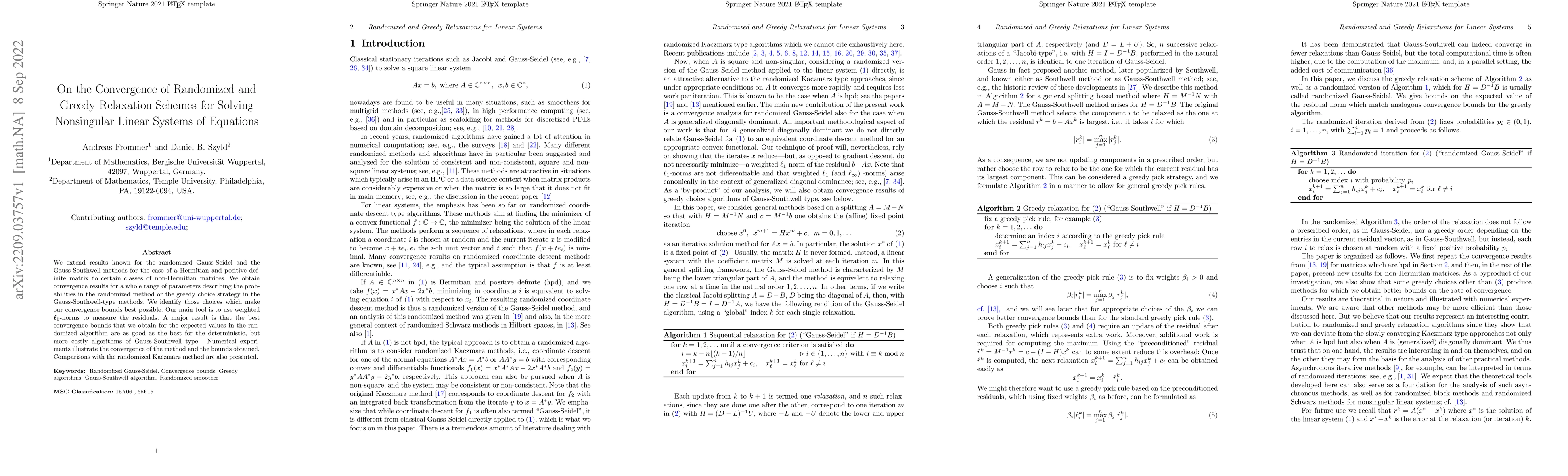 Thumbnail for On the Convergence of Randomized and Greedy Relaxation Schemes for
  Solving Nonsingular Linear Systems of Equations