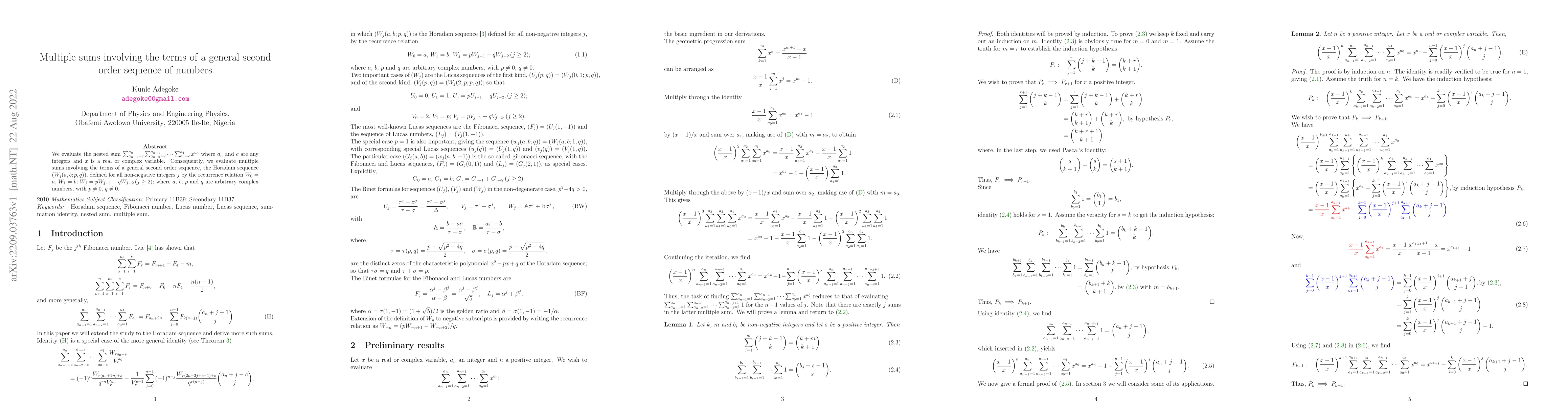 Thumbnail for Multiple sums involving the terms of a general second order sequence of
  numbers