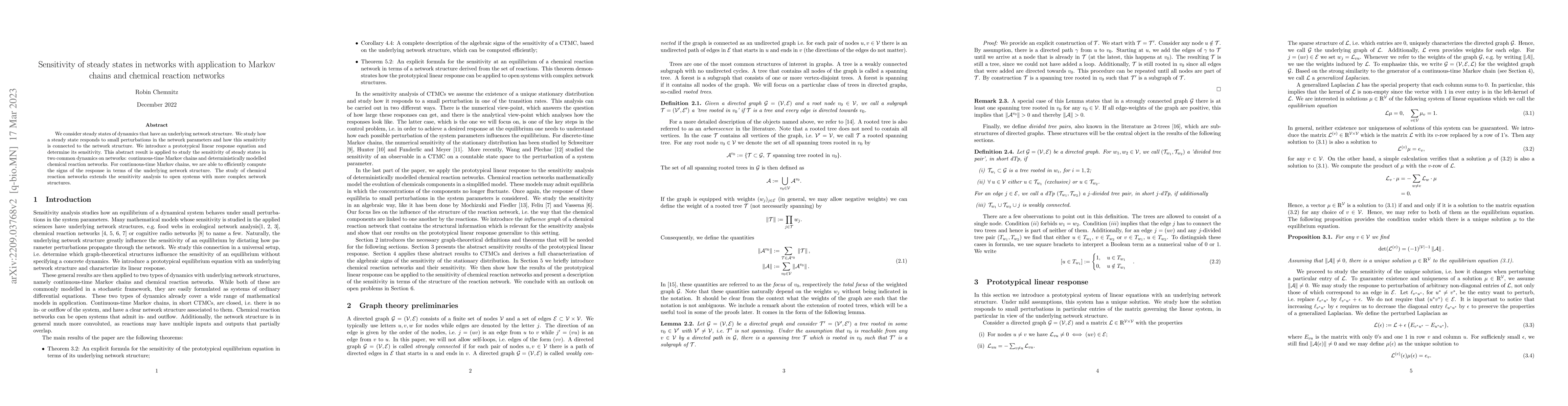 Thumbnail for Sensitivity of steady states in networks with application to Markov
  chains and chemical reaction networks