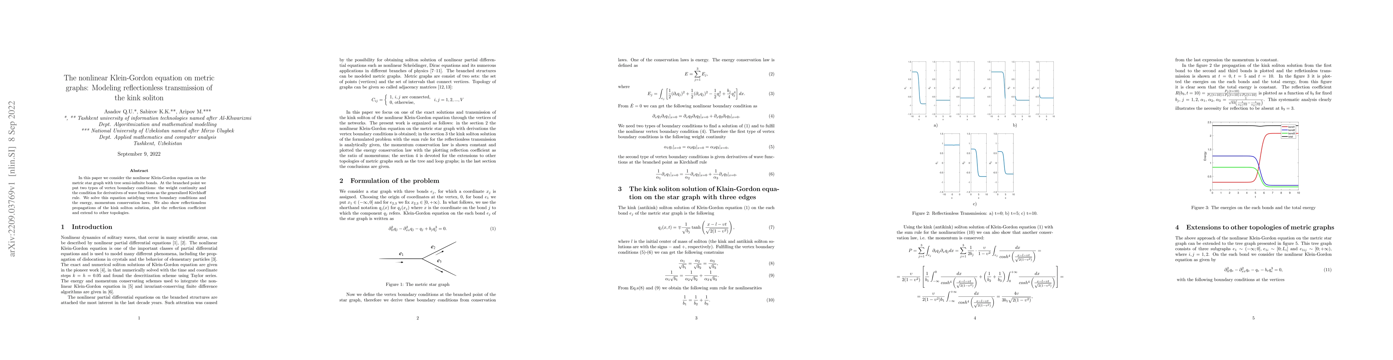 Thumbnail for The nonlinear Klein-Gordon equation on metric graphs: Modeling
  reflectionless transmission of the kink soliton