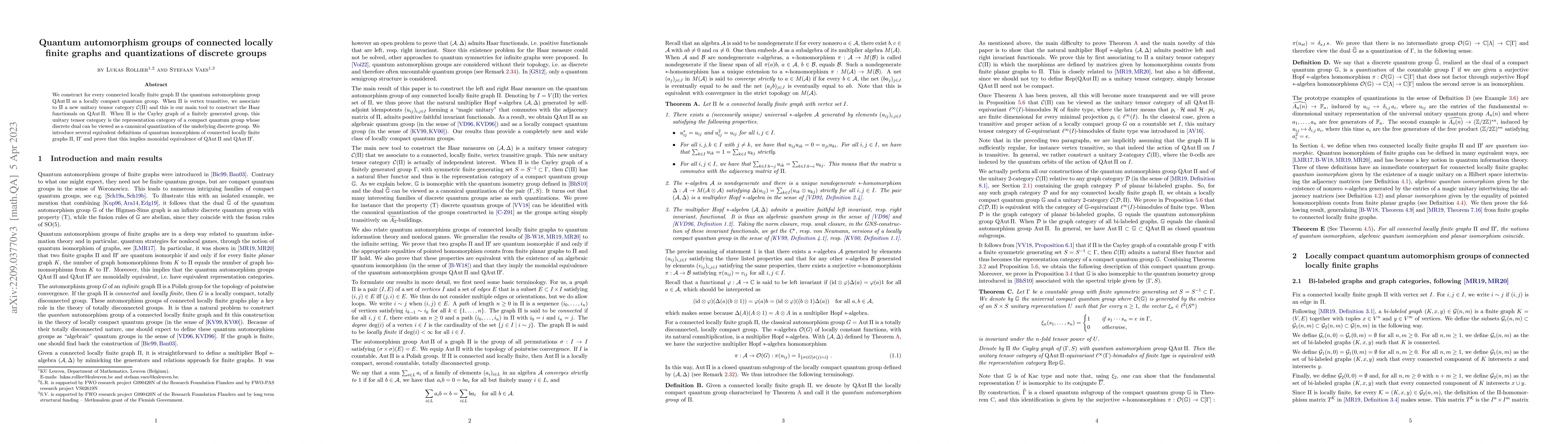 Thumbnail for Quantum automorphism groups of connected locally finite graphs and
  quantizations of discrete groups