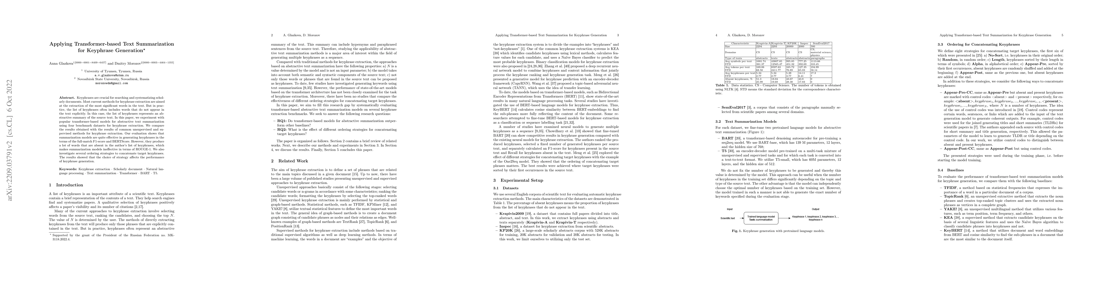 Thumbnail for Applying Transformer-based Text Summarization for Keyphrase Generation