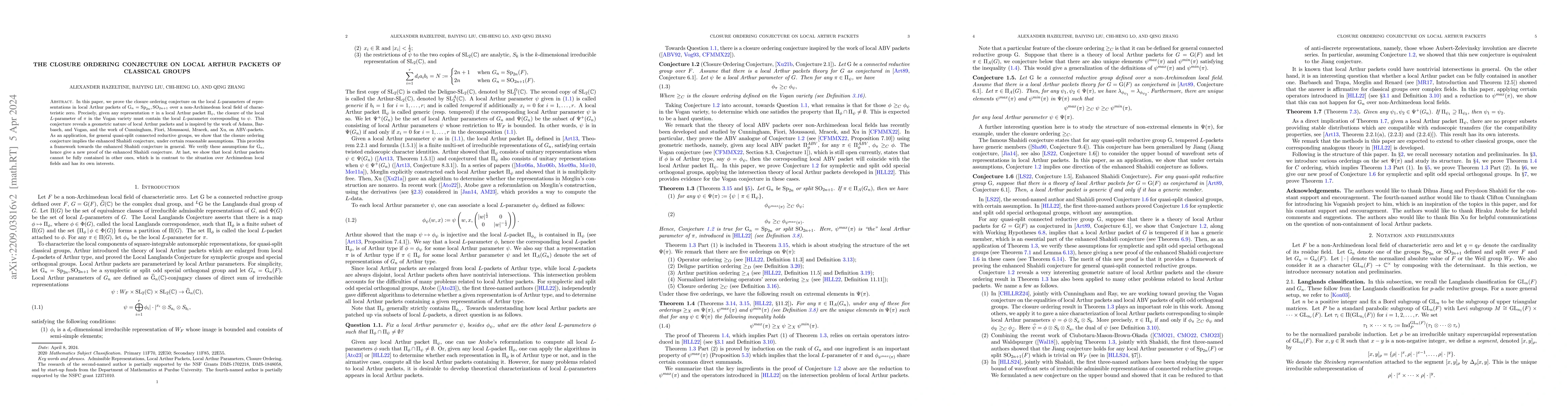 Thumbnail for The closure ordering conjecture on local Arthur packets of classical
  groups