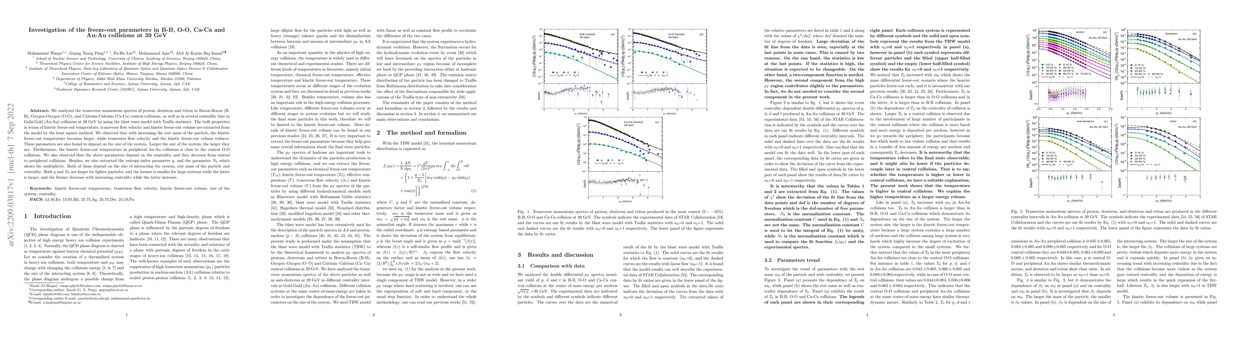 Thumbnail for Investigation of the freeze-out parameters in B-B, O-O, Ca-Ca and Au-Au
  collisions at 39 GeV