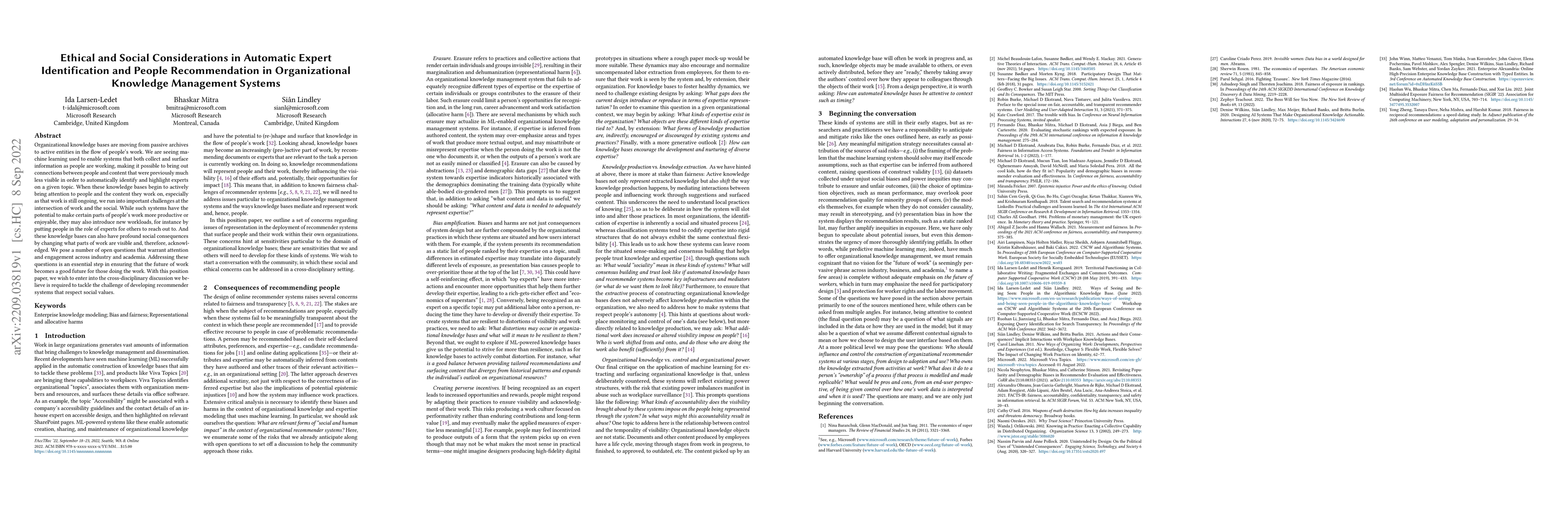 Thumbnail for Ethical and Social Considerations in Automatic Expert Identification and
  People Recommendation in Organizational Knowledge Management Systems