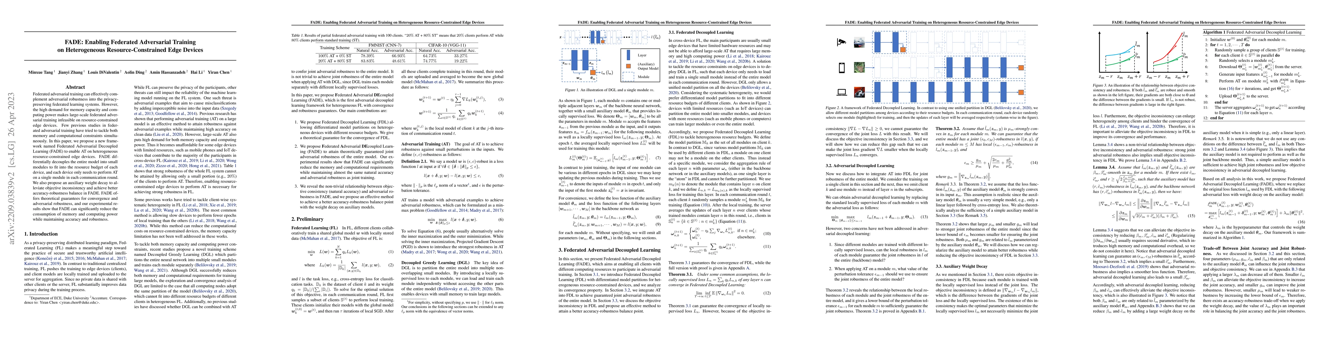 Thumbnail for FADE: Enabling Federated Adversarial Training on Heterogeneous
  Resource-Constrained Edge Devices