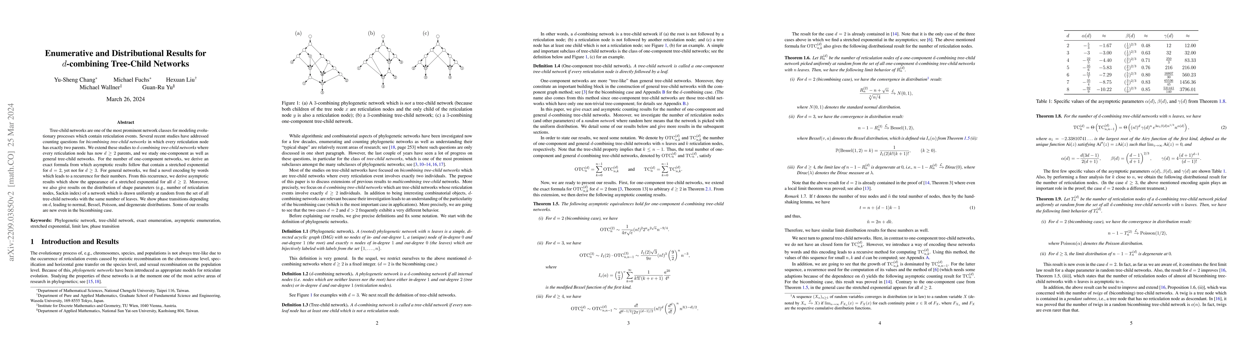 Thumbnail for Enumerative and Distributional Results for $d$-combining Tree-Child
  Networks