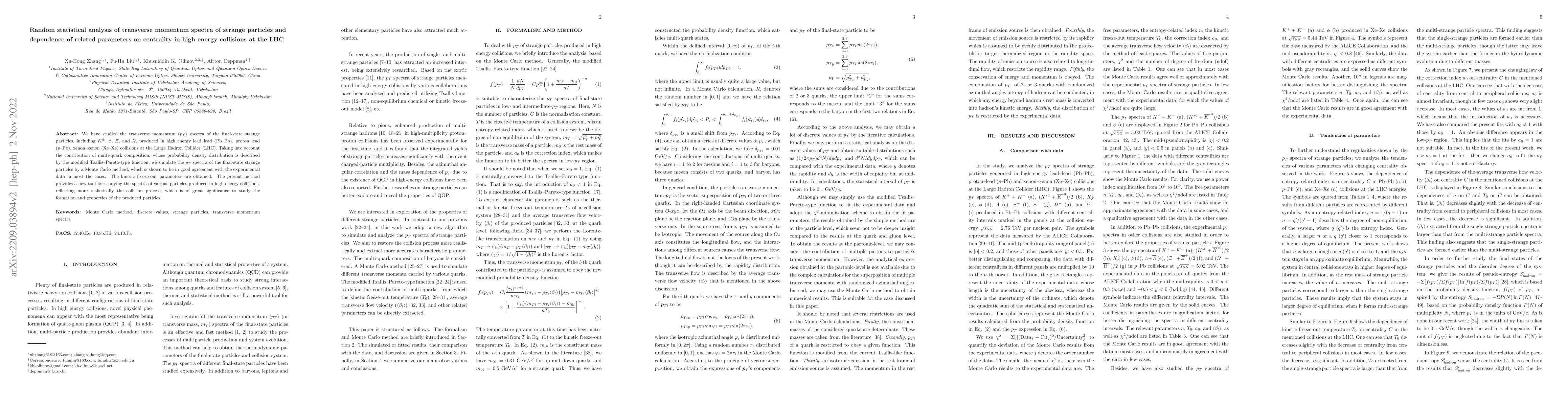 Thumbnail for Random statistical analysis of transverse momentum spectra of strange
  particles and dependence of related parameters on centrality in high energy
  collisions at the LHC