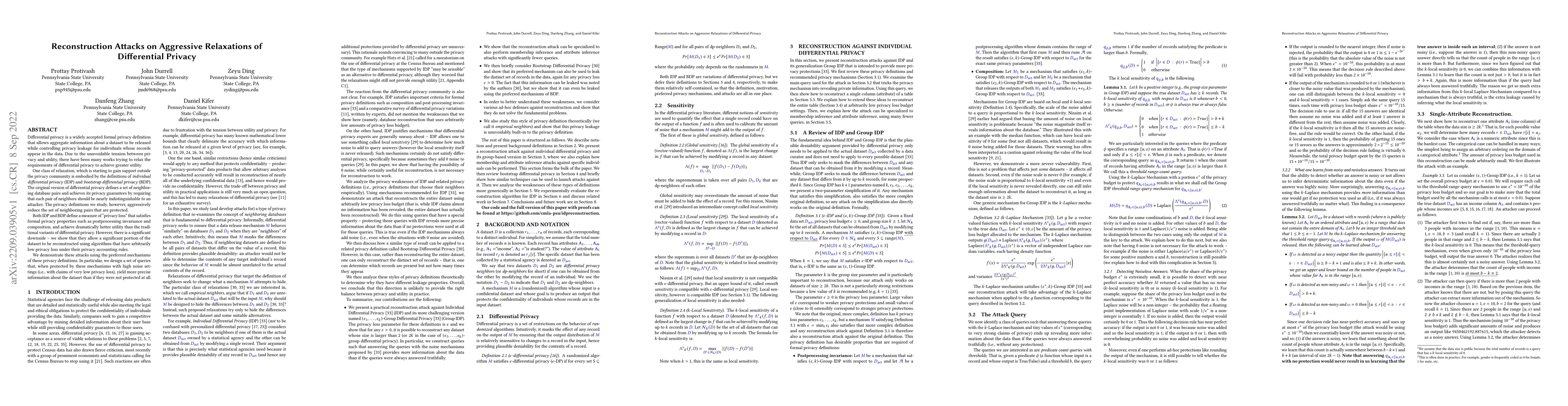 Thumbnail for Reconstruction Attacks on Aggressive Relaxations of Differential Privacy