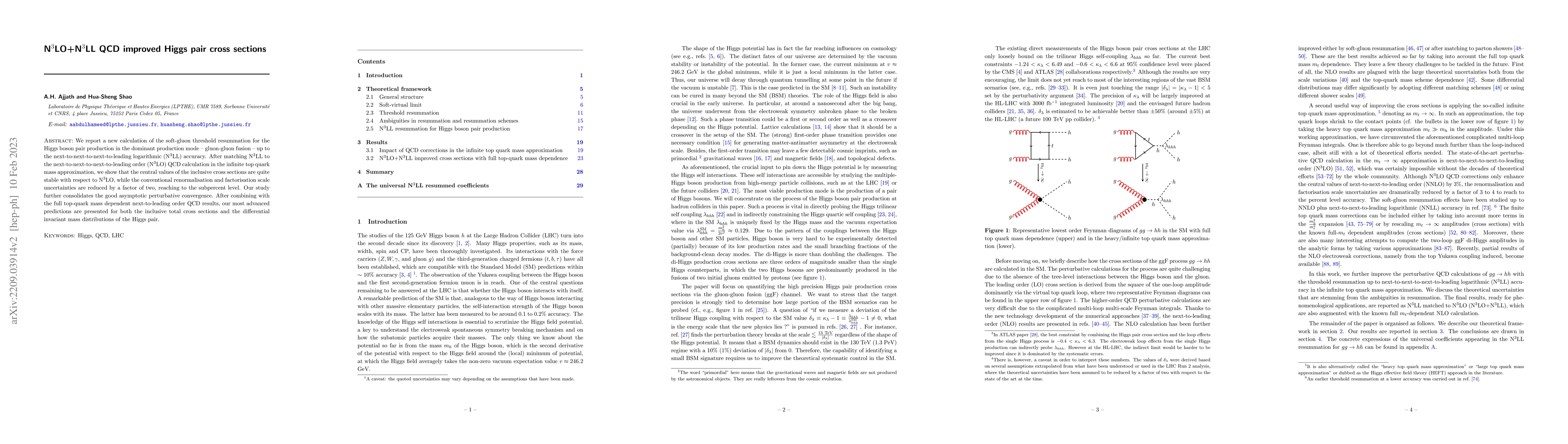 Thumbnail for N$^3$LO+N$^3$LL QCD improved Higgs pair cross sections