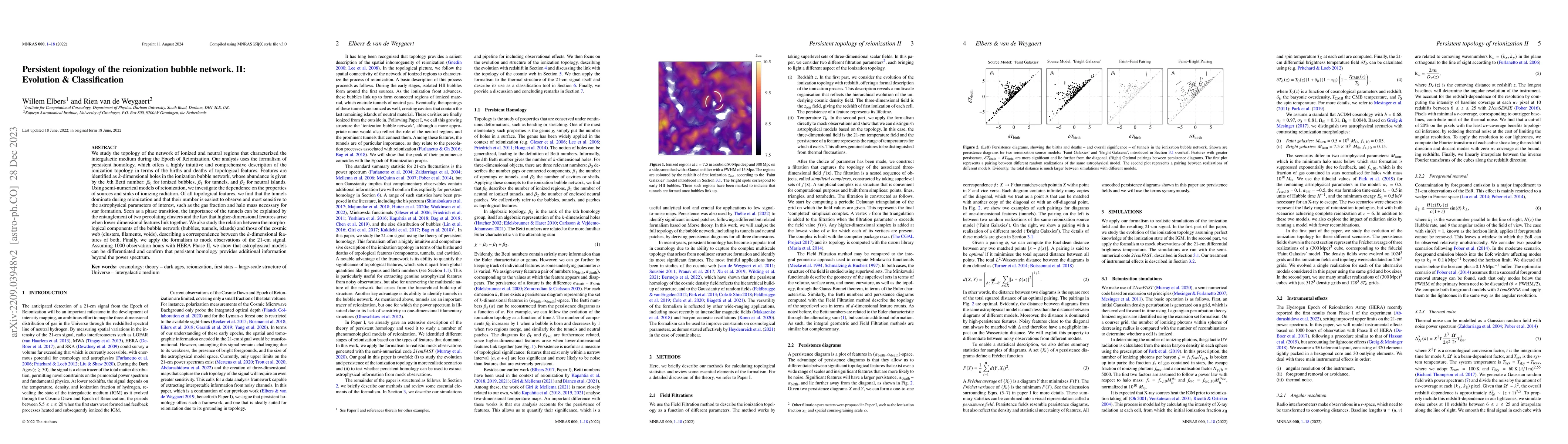 Thumbnail for Persistent topology of the reionization bubble network. II: Evolution &
  Classification