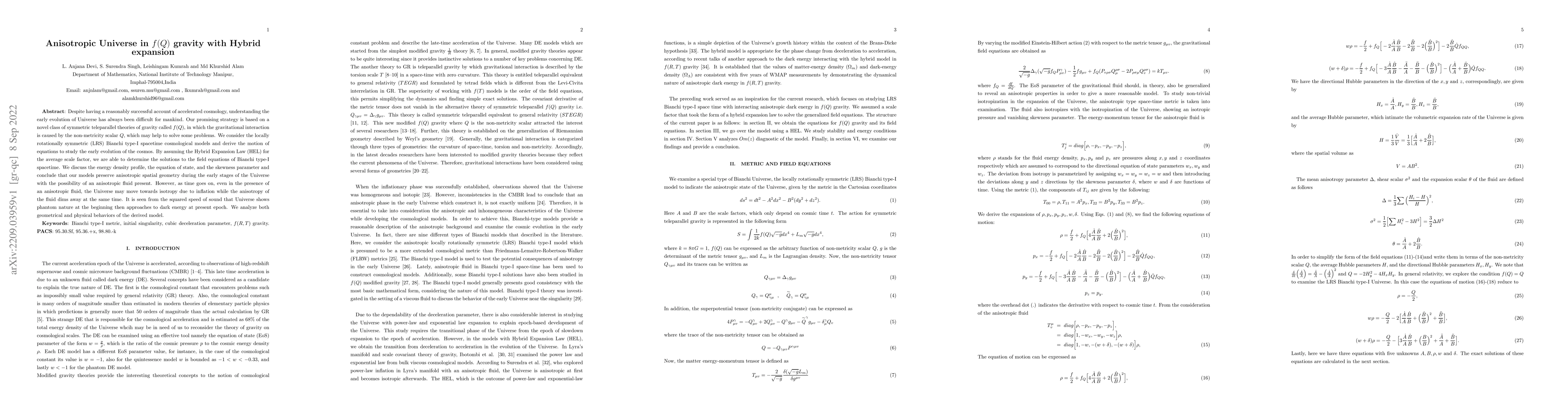Thumbnail for Anisotropic Universe in f(Q) gravity with Hybrid expansion