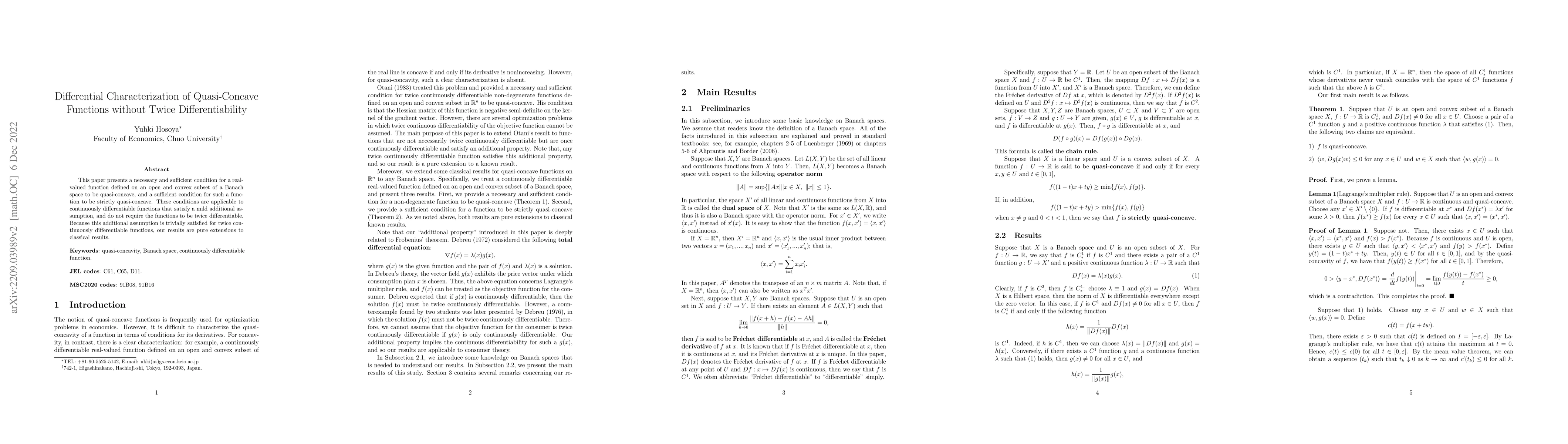 Thumbnail for Differential Characterization of Quasi-Concave Functions without Twice
  Differentiability