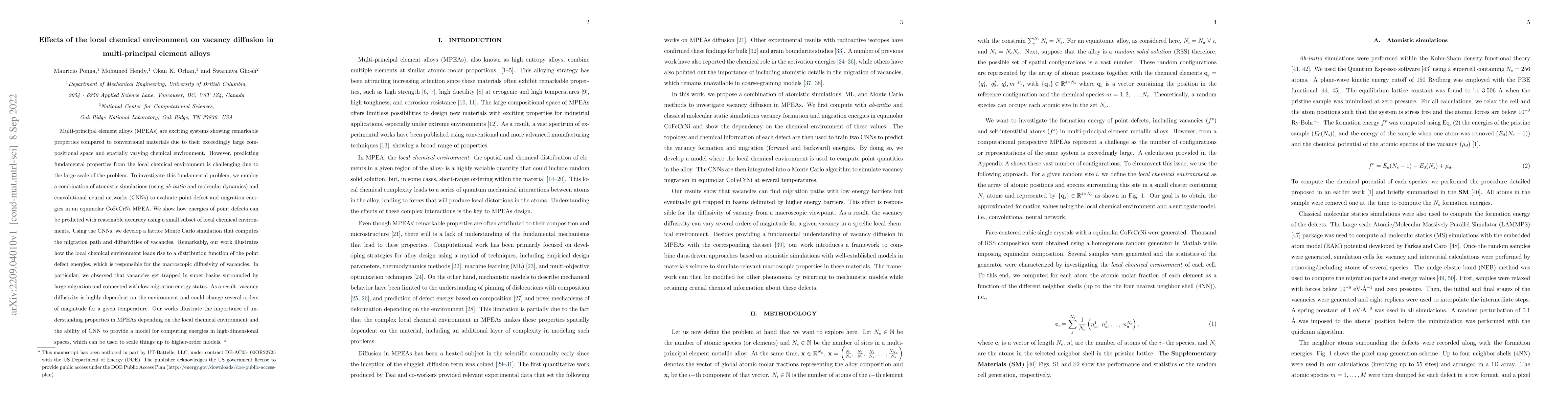 Thumbnail for Effects of the local chemical environment on vacancy diffusion in
  multi-principal element alloys