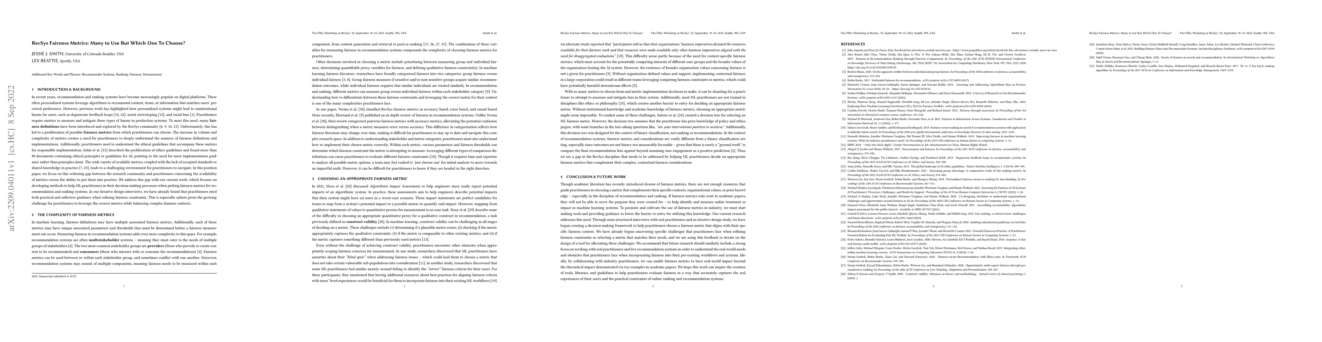 Thumbnail for RecSys Fairness Metrics: Many to Use But Which One To Choose?