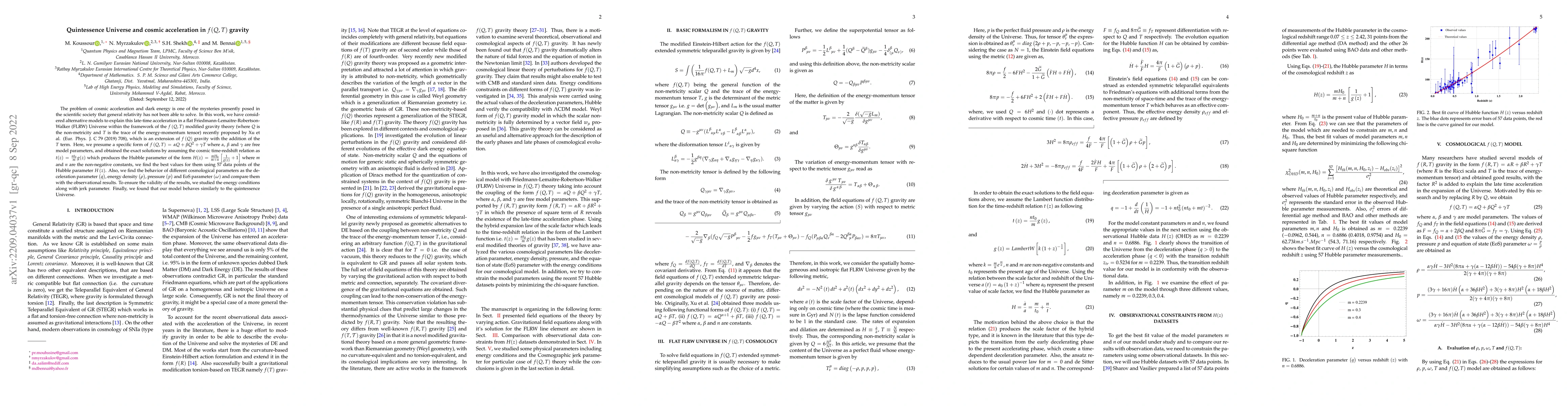 Thumbnail for Quintessence Universe and cosmic acceleration in $f(Q,T)$ gravity