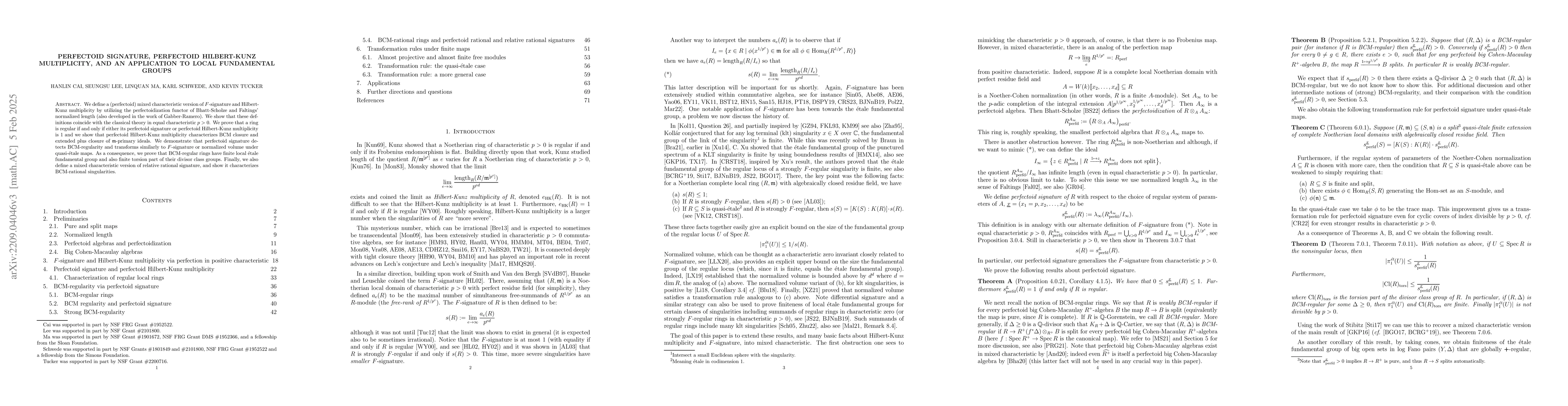 Thumbnail for Perfectoid signature, perfectoid Hilbert-Kunz multiplicity, and an
  application to local fundamental groups