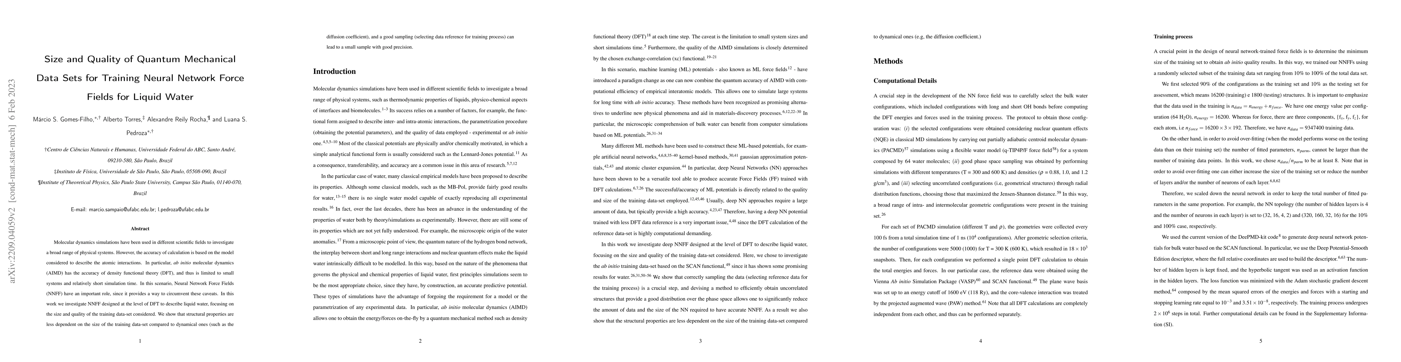 Thumbnail for Size and Quality of Quantum Mechanical Data Sets for Training Neural
  Network Force Fields for Liquid Water