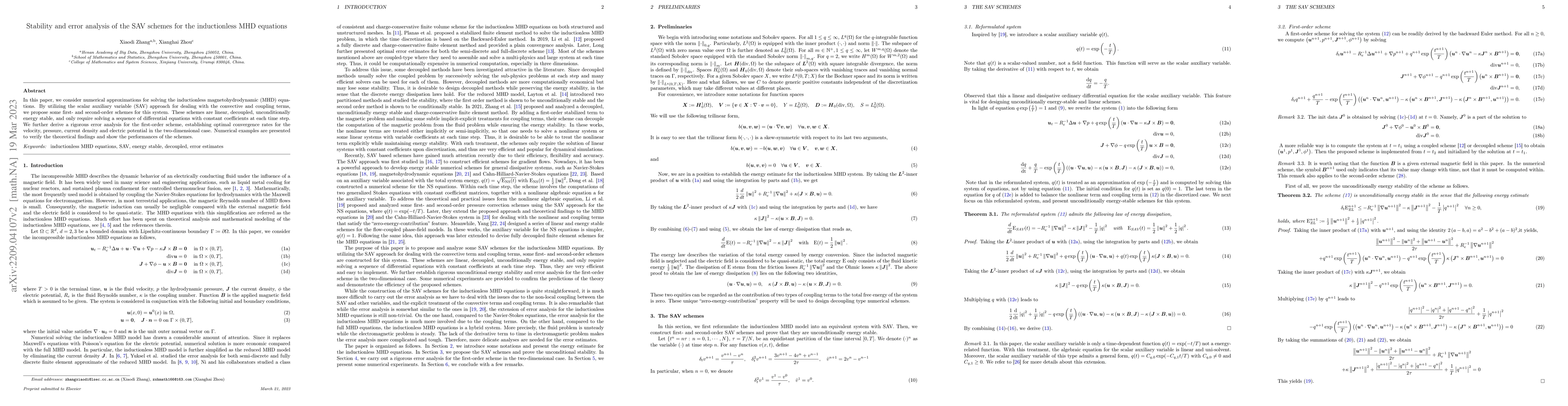 Thumbnail for Stability and error analysis of the SAV schemes for the inductionless
  MHD equations
