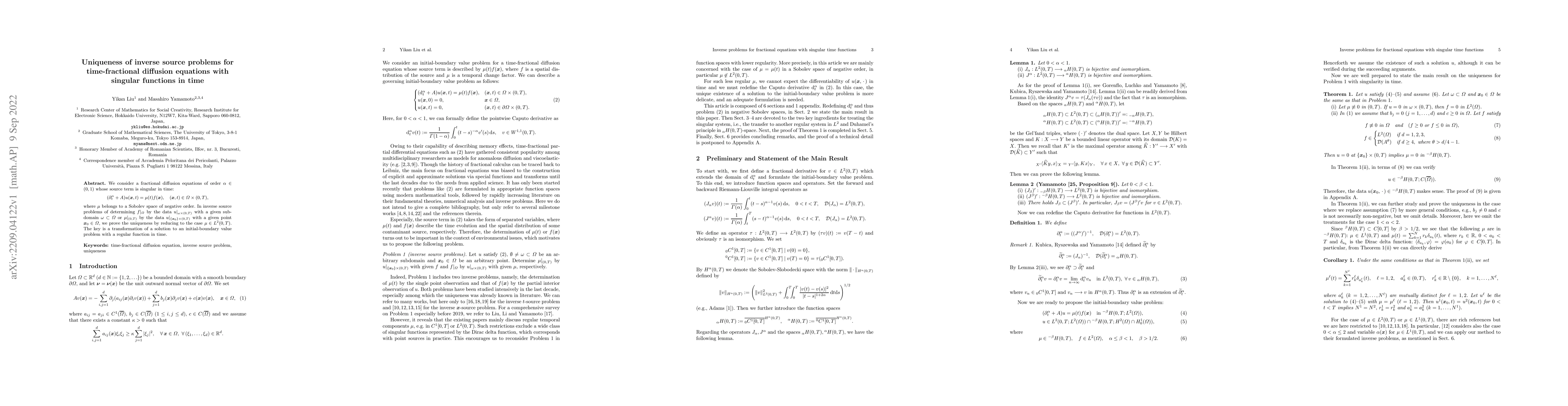 Thumbnail for Uniqueness of inverse source problems for time-fractional diffusion
  equations with singular functions in time