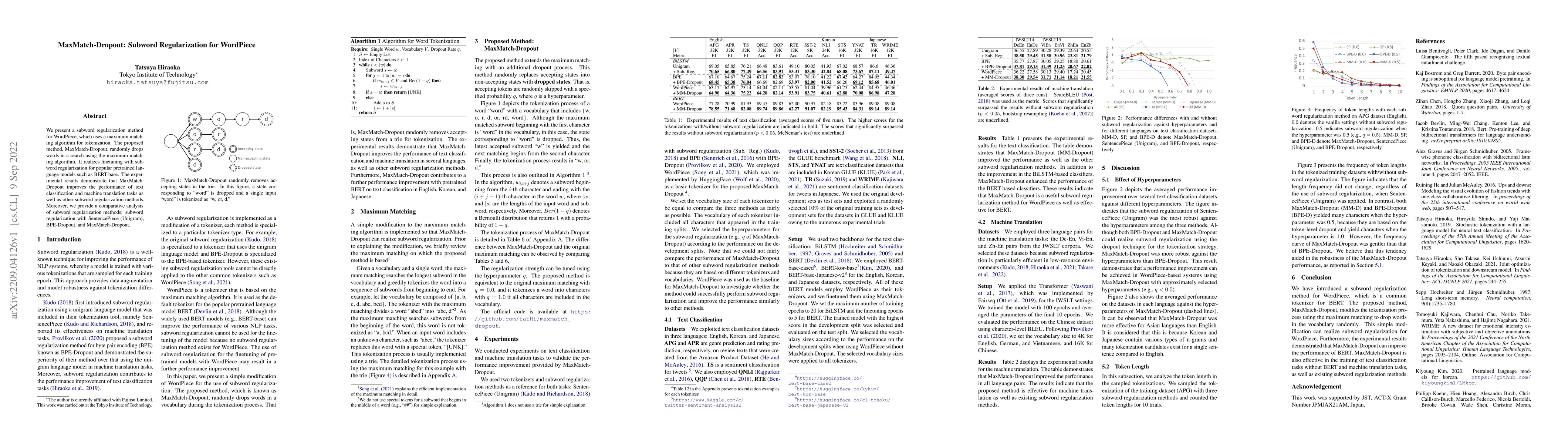 Thumbnail for MaxMatch-Dropout: Subword Regularization for WordPiece