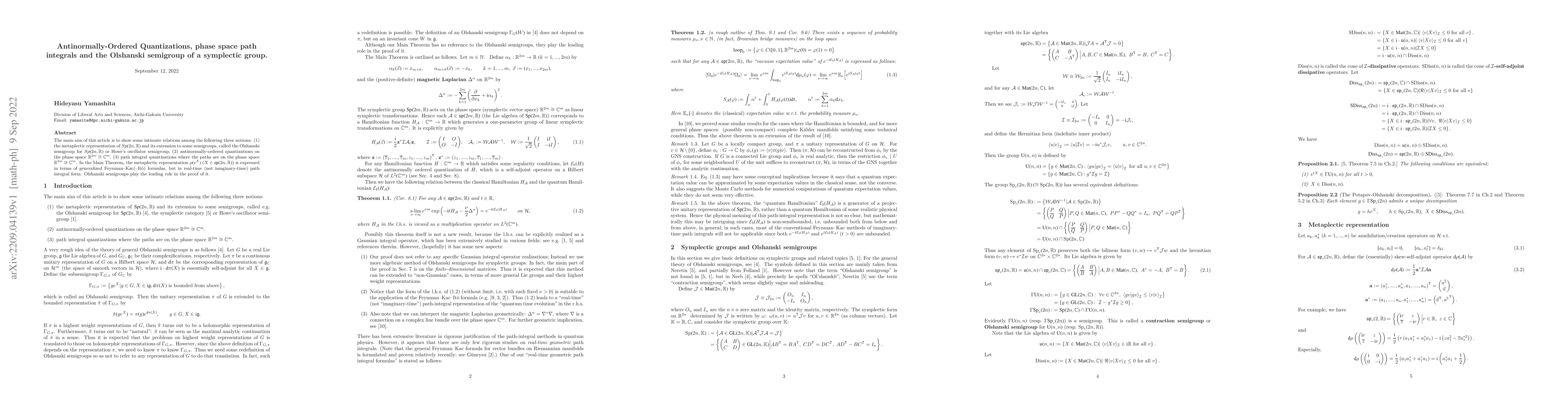 Thumbnail for Antinormally-Ordered Quantizations, phase space path integrals and the
  Olshanski semigroup of a symplectic group