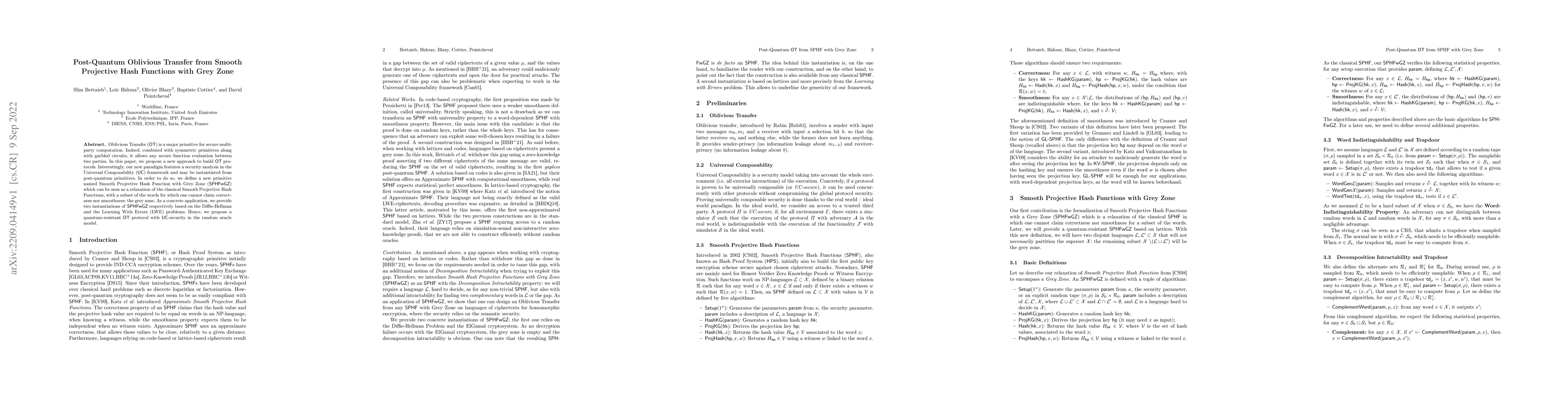 Thumbnail for Post-Quantum Oblivious Transfer from Smooth Projective Hash Functions
  with Grey Zone
