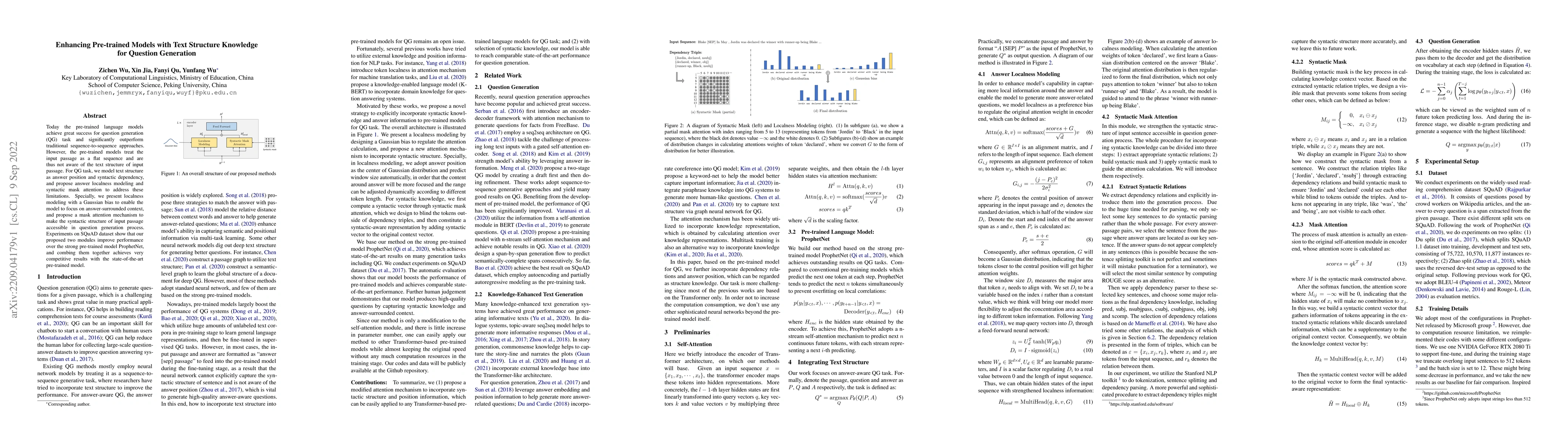 Thumbnail for Enhancing Pre-trained Models with Text Structure Knowledge for Question
  Generation