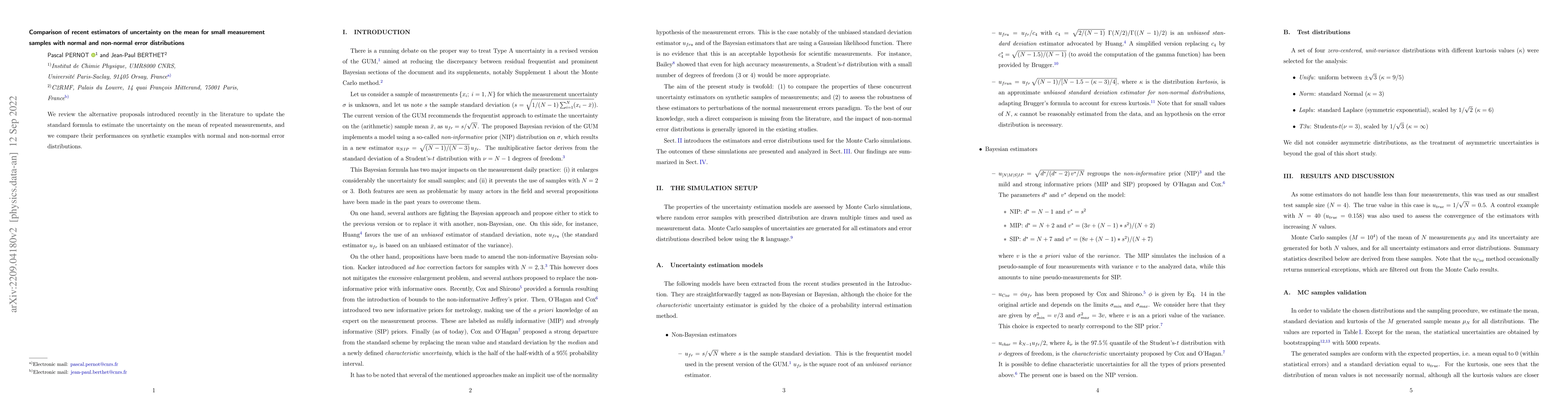 Thumbnail for Comparison of recent estimators of uncertainty on the mean for small
  measurement samples with normal and non-normal error distributions