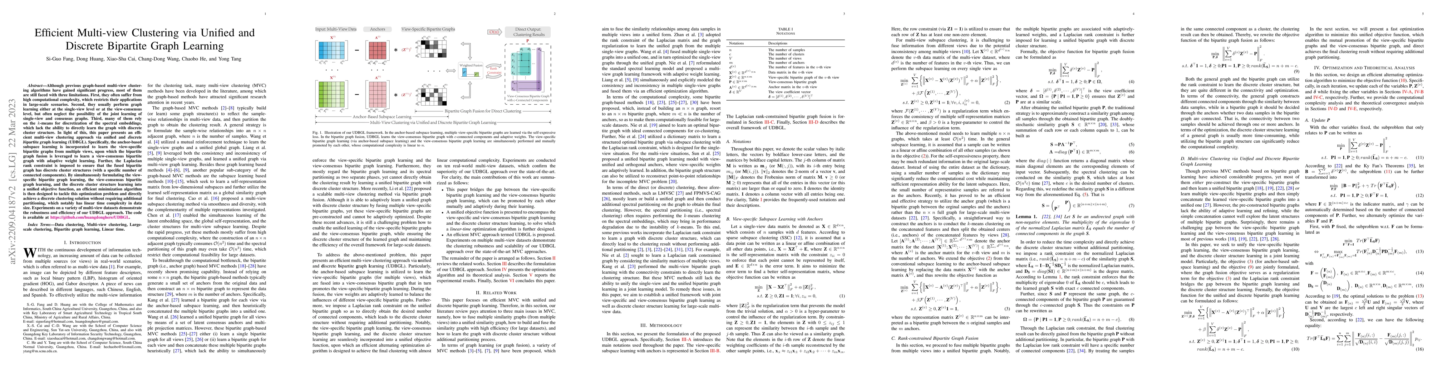 Thumbnail for Efficient Multi-view Clustering via Unified and Discrete Bipartite Graph
  Learning