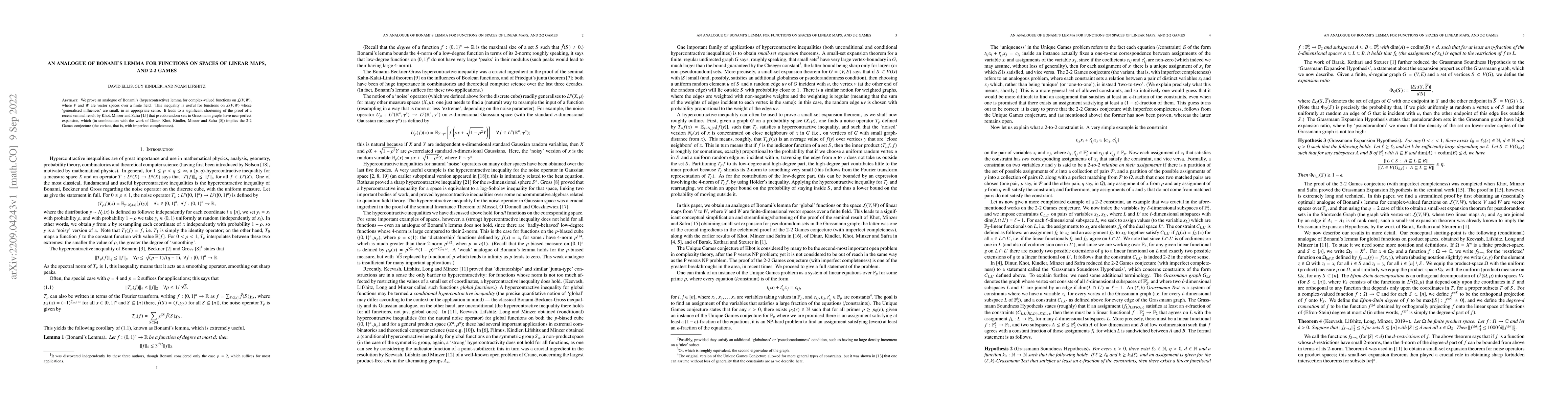 Thumbnail for An analogue of Bonami's Lemma for functions on spaces of linear maps,
  and 2-2 Games